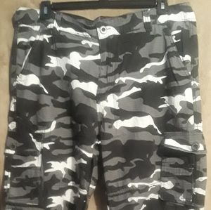 Grey black and white military fatigue cargo shorts